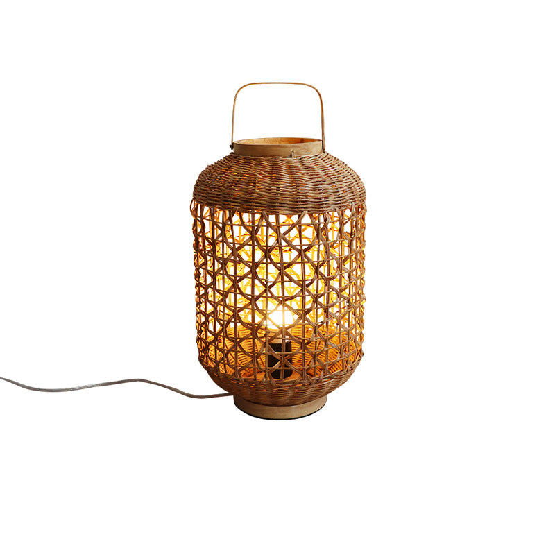 Traditional Vintage Cylinder Lantern Bamboo Rattan 1-Light Table Lamp For Living Room
