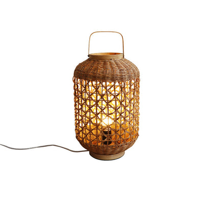 Traditional Vintage Cylinder Lantern Bamboo Rattan 1-Light Table Lamp For Living Room