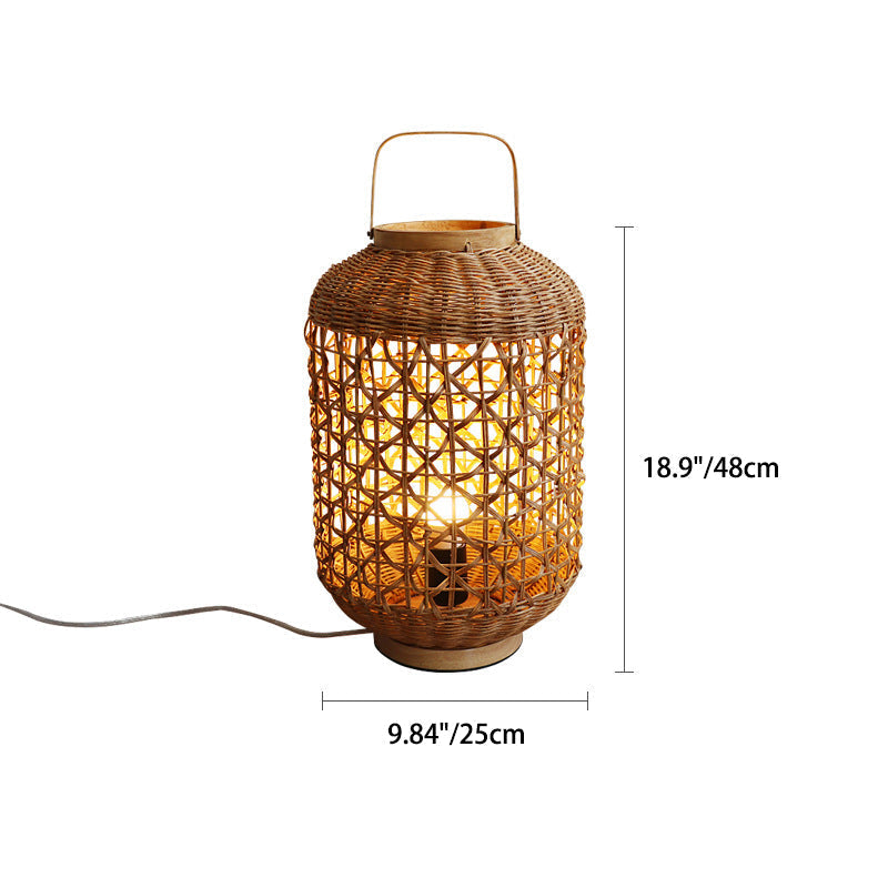 Traditional Vintage Cylinder Lantern Bamboo Rattan 1-Light Table Lamp For Living Room