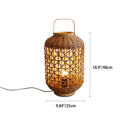 Traditional Vintage Cylinder Lantern Bamboo Rattan 1-Light Table Lamp For Living Room