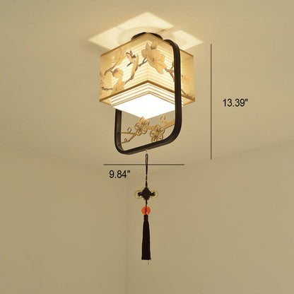 Modern Chinese Fabric Square Magnolia 1-Light Semi-Flush Mount Ceiling Light