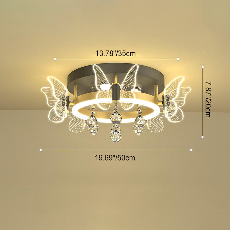 Modern Luxury Radiant Crystal Strings Butterfly Embellishment Round Shade LED Flush Mount Ceiling Light For Living Room