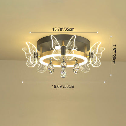 Modern Luxury Radiant Crystal Strings Butterfly Embellishment Round Shade LED Flush Mount Ceiling Light For Living Room