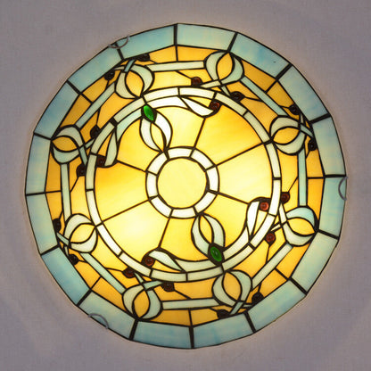 European Stained Glass Tiffany Round Various Pattern Designs 2/3 Light Flush Mount Light