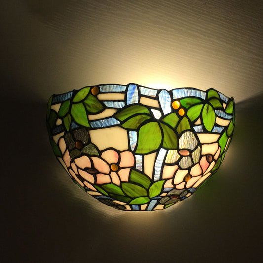 Traditional Tiffany Alloy Glass Diamond Semicircular Flower Dragonfly 1-Light Wall Sconce Lamp For Hallway