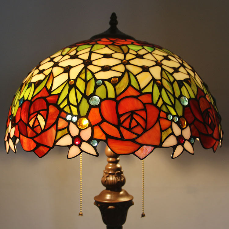 Traditional Tiffany Stained Glass Rose Flower Dome 2-Light Standing Floor Lamp For Bedroom
