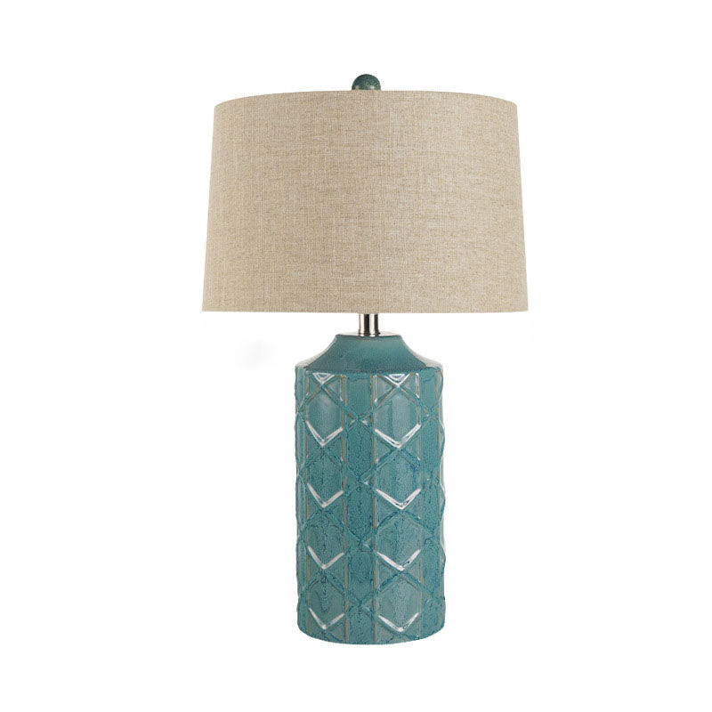 Traditional Vintage Cylinder Stripe Base Ceramic Fabric 1-Light Table Lamp For Bedroom
