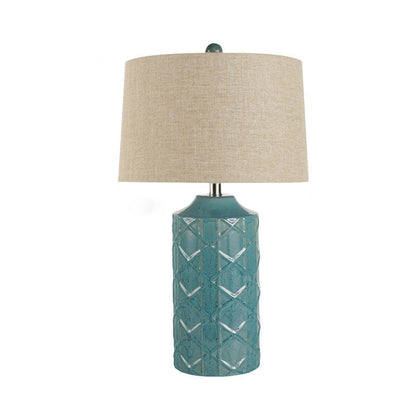 Traditional Vintage Cylinder Stripe Base Ceramic Fabric 1-Light Table Lamp For Bedroom