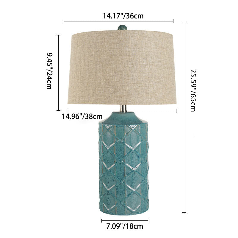 Traditional Vintage Cylinder Stripe Base Ceramic Fabric 1-Light Table Lamp For Bedroom