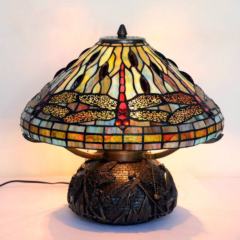 Tiffany Vintage Dragonfly Stained Glass Copper Base 2-Light Table Lamp