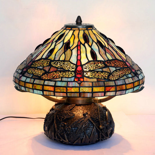 Tiffany Vintage Dragonfly Stained Glass Copper Base 2-Light Table Lamp