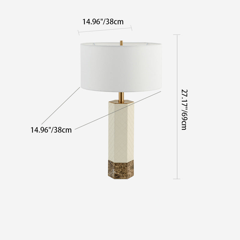 Modern Minimalist Hexagonal Column Round Marble Leather Fabric 1-Light Table Lamp For Bedroom