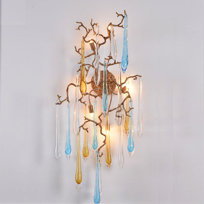 Modern Art Deco Tree Branch Water Drops Full Copper Crystal 6-Light Wall Sconce Lamp For Living Room