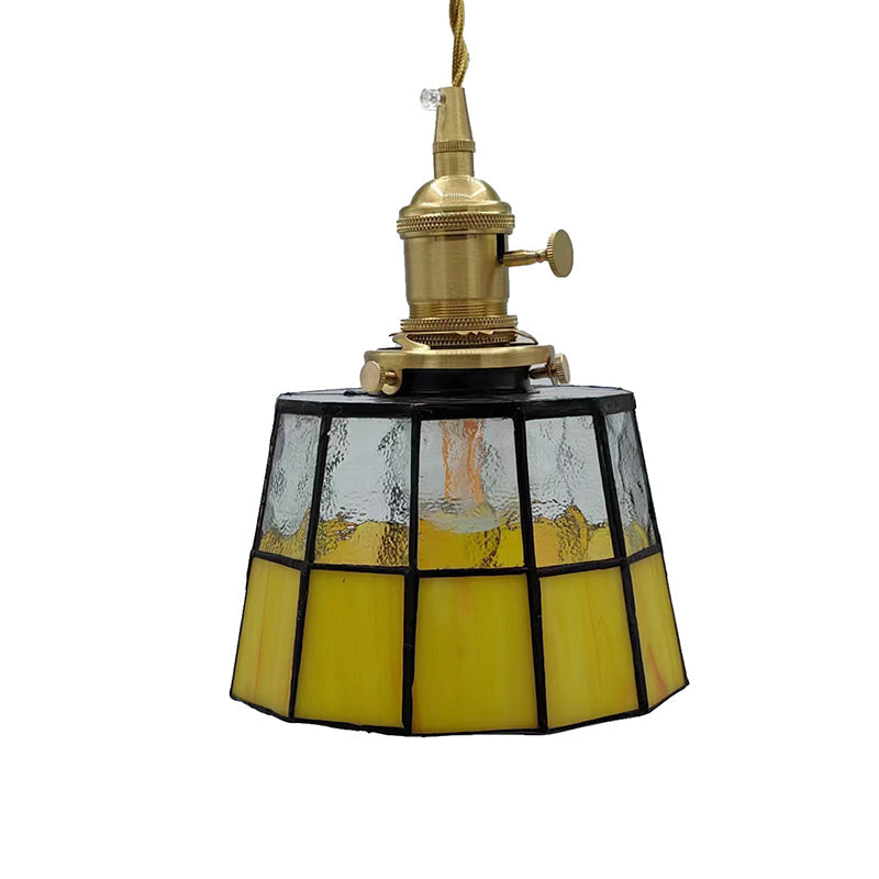 Traditional Vintage Brass Glass Cylinder Quadripartite Horn Lattice 1-Light Pendant Light For Dining Room