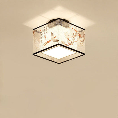 Traditional Chinese Square Iron Fabric 1-Light Semi-Flush Mount Ceiling Light For Hallway