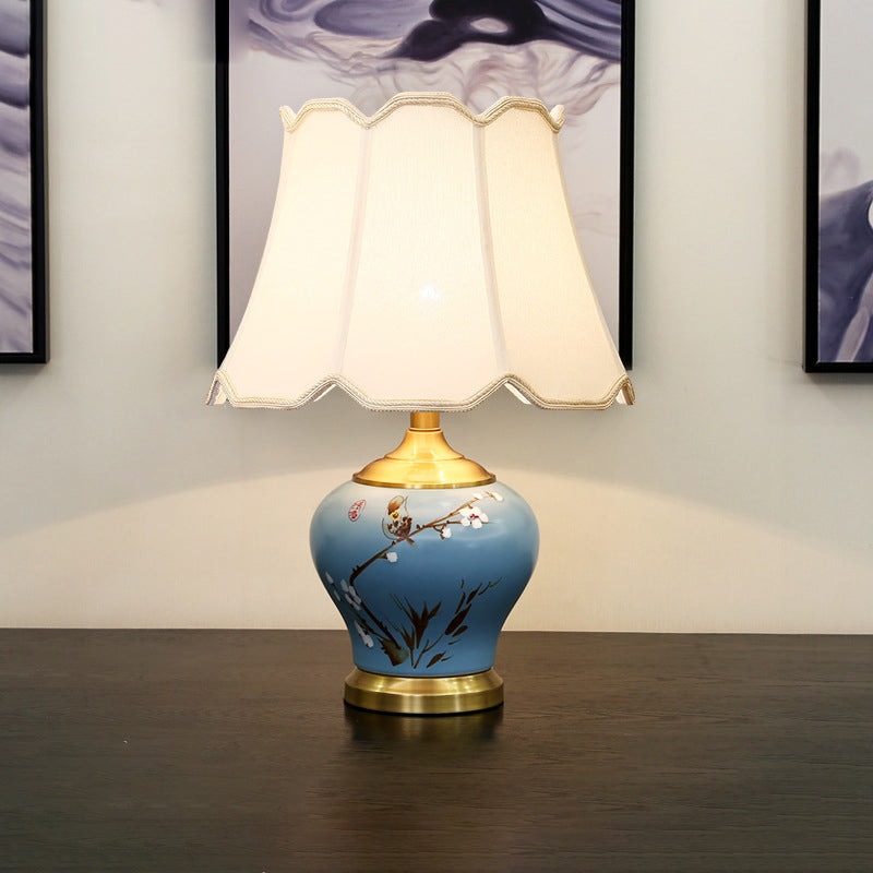 Traditional Chinese Plum Blossom Cylindrical Copper Ceramic Fabric 1-Light Table Lamp For Bedroom