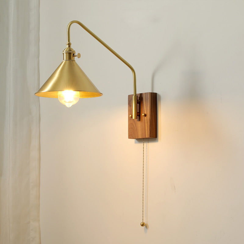 Contemporary Retro Brass Walnut Conic 1-Light Wall Sconce Lamp For Bedside