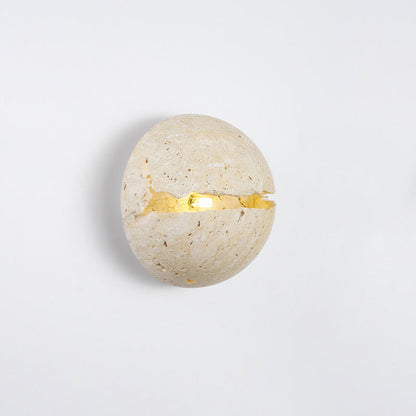 Traditional Japanese Crack Yellow Travertine Semicircle 1-Light Wall Sconce Lamp For Living Room