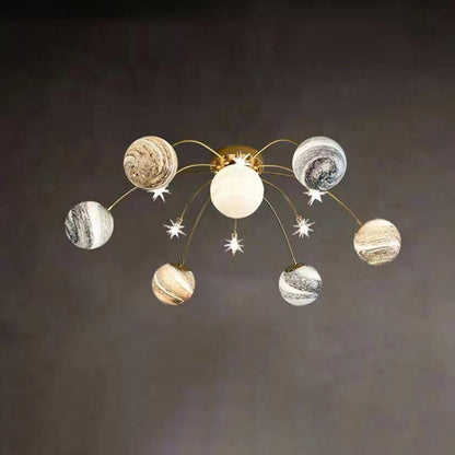 Contemporary Nordic Kids Iron Glass Ball Earth Planet 13-Light Semi-Flush Mount Ceiling Light For Bedroom