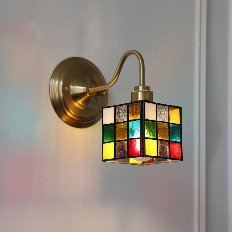 Traditional Vintage Square Rubik's Cube Tulip Brass Glass 1-Light Wall Sconce Lamp For Living Room