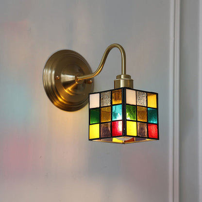 Traditional Vintage Square Rubik's Cube Tulip Brass Glass 1-Light Wall Sconce Lamp For Living Room