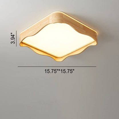 Modern Minimal Wave Rectangular Rubberwood Acrylic LED Flush Mount Lighting