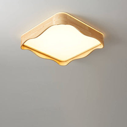 Modern Minimal Wave Rectangular Rubberwood Acrylic LED Flush Mount Lighting