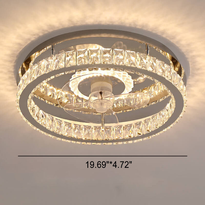 Modern Luxury Crystal Stainless Steel LED Flush Mount Ceiling Fan Light