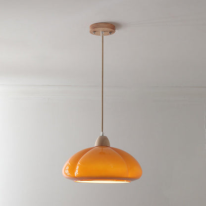 Contemporary Vintage Glass Pumpkin Shade Wood 1-Light Pendant Light For Living Room