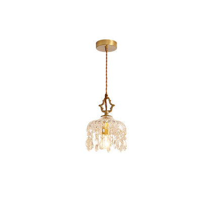 Modern Art Deco Brass Checkered Glass Shade Crystal Beads 1-Light Pendant Light For Living Room