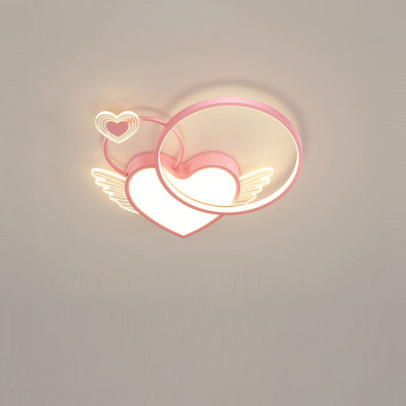 Modern Art Deco Heart Wings Round Acrylic Iron LED Flush Mount Ceiling Light For Bedroom