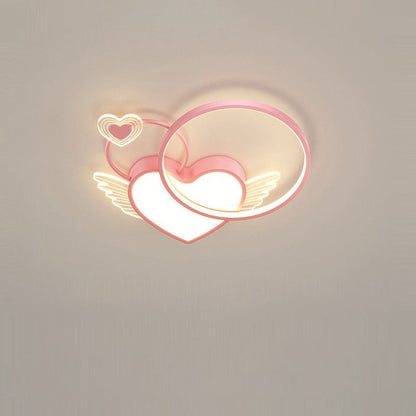 Modern Art Deco Heart Wings Round Acrylic Iron LED Flush Mount Ceiling Light For Bedroom