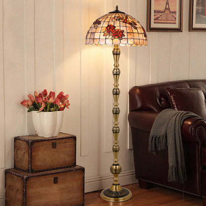 Traditional Tiffany Brass Shell Dome Rose Dragonfly 3-Light Standing Floor Lamp For Living Room
