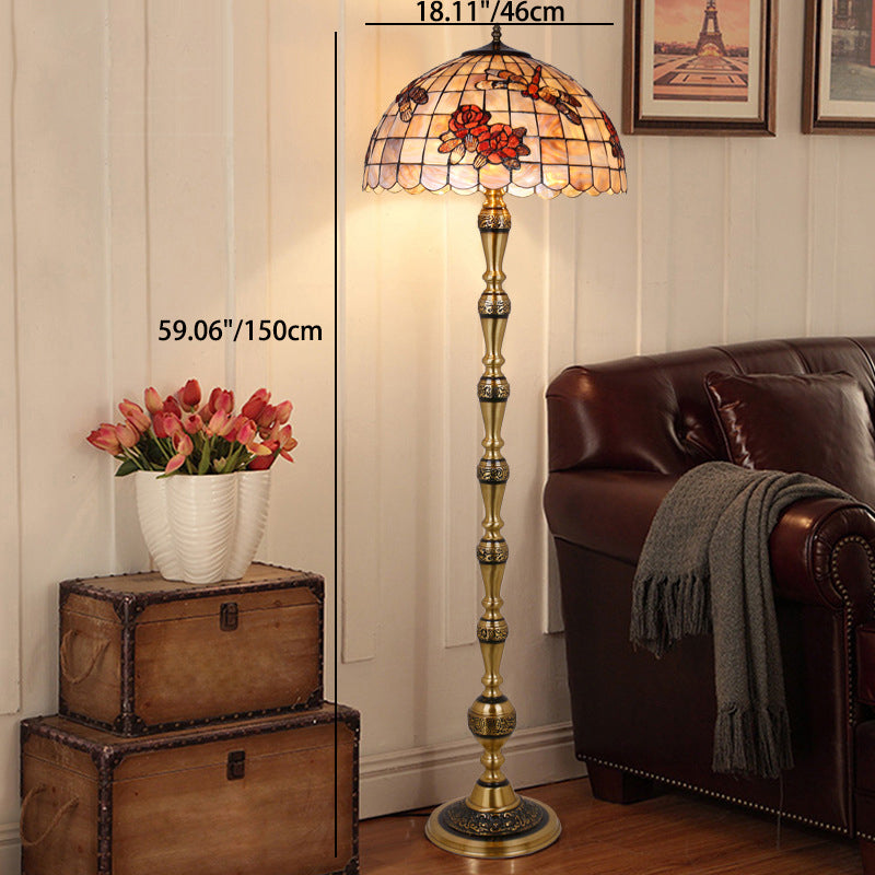 Traditional Tiffany Brass Shell Dome Rose Dragonfly 3-Light Standing Floor Lamp For Living Room