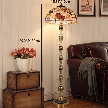 Traditional Tiffany Brass Shell Dome Rose Dragonfly 3-Light Standing Floor Lamp For Living Room