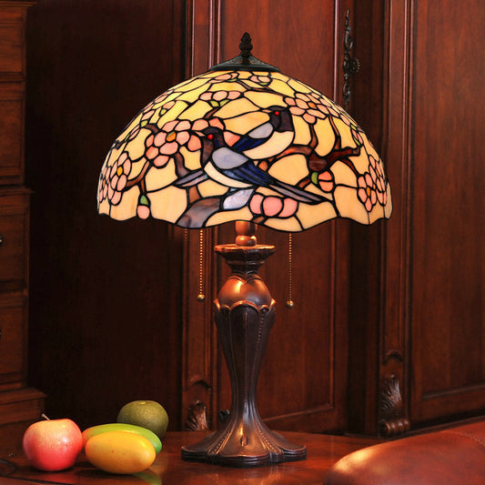 Traditional Tiffany Half Ball Magpie Plum Flower Iron Glass 2-Light Table Lamp For Bedroom