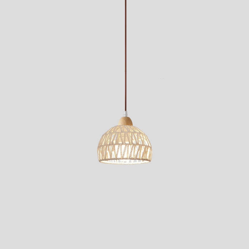 Contemporary Boho Wood Rattan Weaving Dome 1-Light Pendant Light For Dining Room