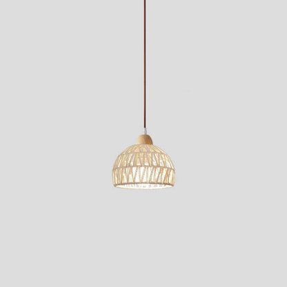 Contemporary Boho Wood Rattan Weaving Dome 1-Light Pendant Light For Dining Room