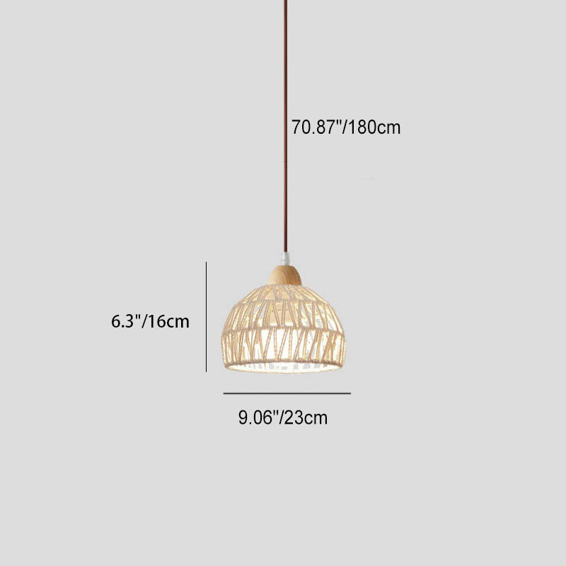 Contemporary Boho Wood Rattan Weaving Dome 1-Light Pendant Light For Dining Room