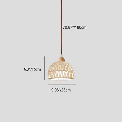 Contemporary Boho Wood Rattan Weaving Dome 1-Light Pendant Light For Dining Room