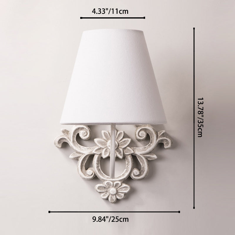 Traditional Vintage Carved Cylinder Solid Wood Fabric 1-Light Wall Sconce Lamp For Bedroom