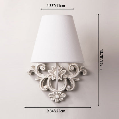 Traditional Vintage Carved Cylinder Solid Wood Fabric 1-Light Wall Sconce Lamp For Bedroom