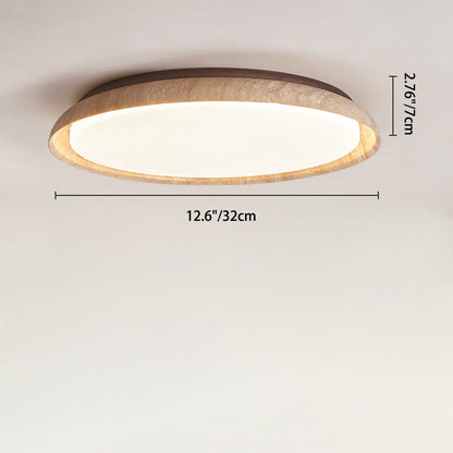 Traditional Japanese Round Disc Style Travertine Solid Wood Acrylic LED Flush Mount Ceiling Light For Bedroom