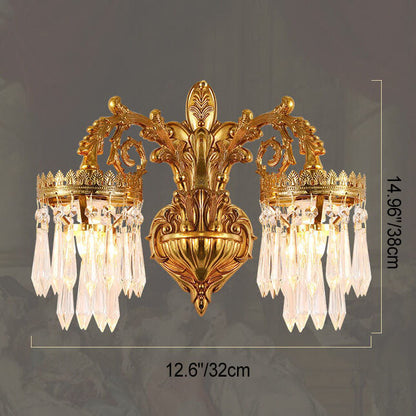 French Luxury Crystal Copper Carving 1/2 Light Wall Sconce Lamp