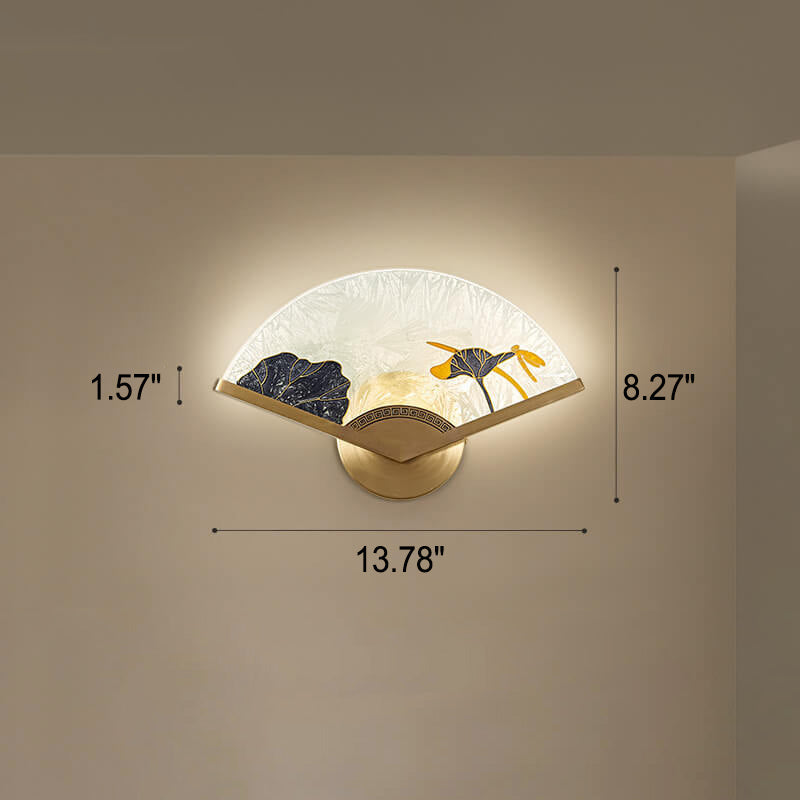 Modern Chinese Glass Folding Fan Shaped Brass LED Wall Sconce Lamp