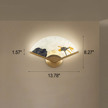 Modern Chinese Glass Folding Fan Shaped Brass LED Wall Sconce Lamp
