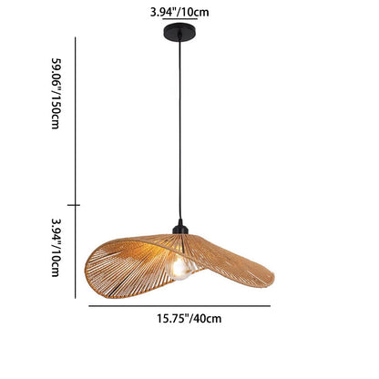Traditional Vintage Wood Paper Rope Weaving Straw Hat Shape 1-Light Pendant Light For Living Room