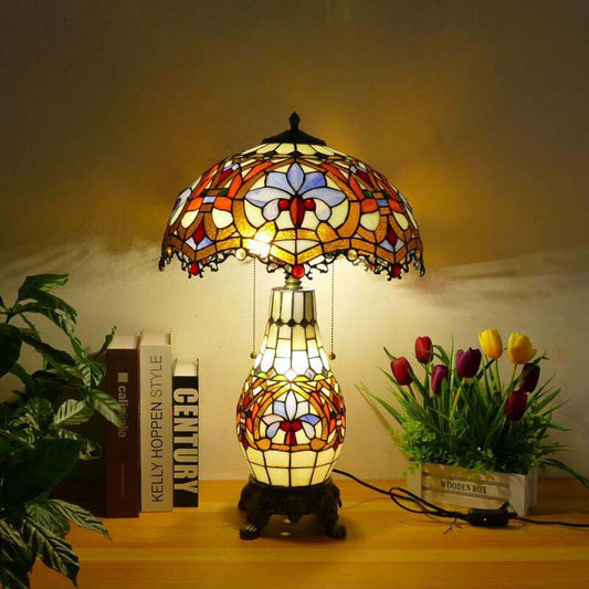 Traditional Tiffany Baroque Umbrella Resin Stained Glass 3-Light Table Lamp For Bedroom