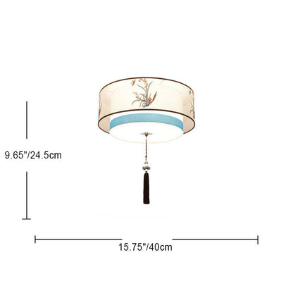 Traditional Chinese Iron Embroidered Fabric Shade 4-Light Flush Mount Ceiling Light For Bedroom