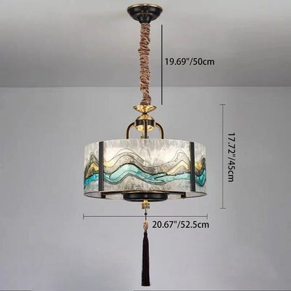 Traditional Chinese Enamel Glass Cylinder Shade Brass Frame 4/6-Light Chandelier For Living Room